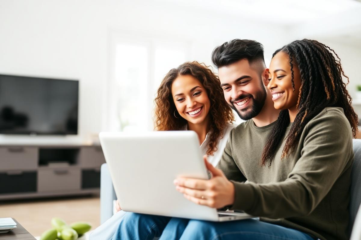 A diverse young couple happily reviewing loan options on a laptop in their bright modern living room